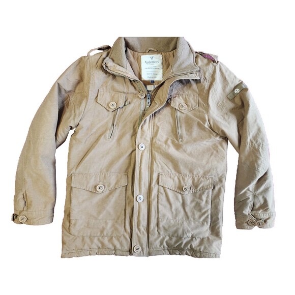 Vedoneire Mens Large Jacket Khaki Flannel Lined With Brown Trim pockets Zip - Picture 1 of 9